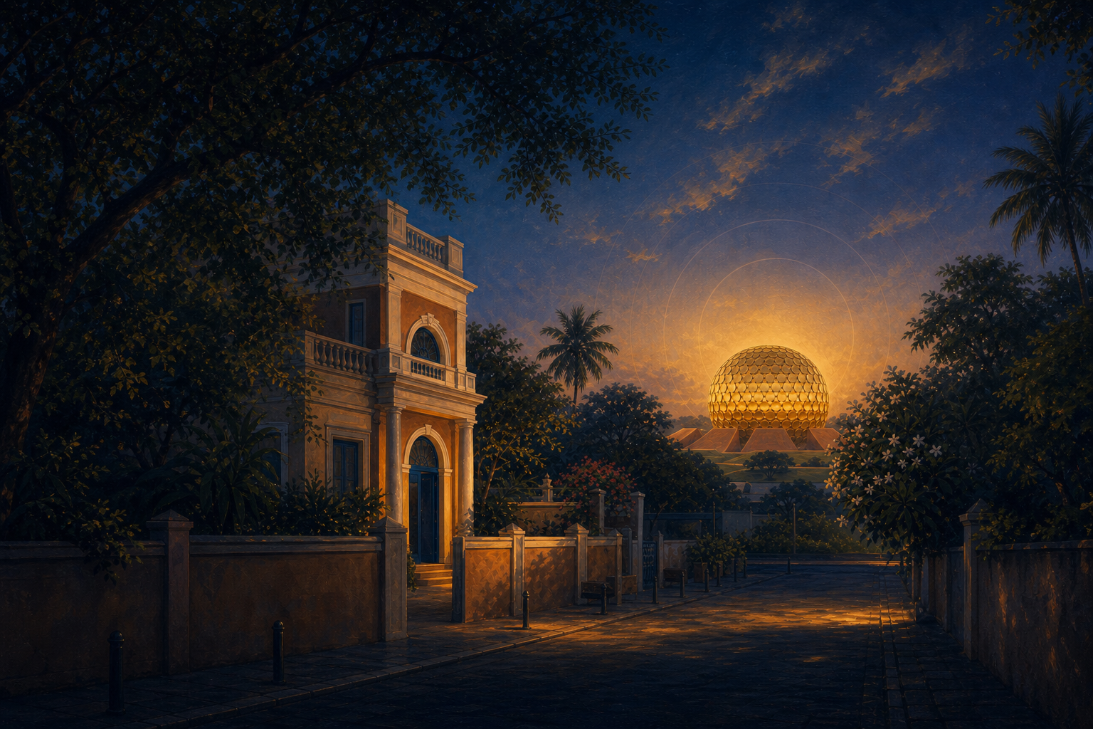Painterly artwork of Sri Aurobindo Ashram and Matrimandir in Puducherry