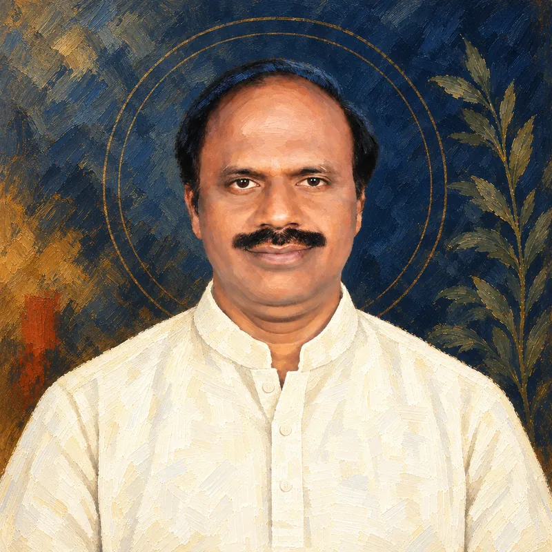 Editorial painted portrait of Prof. G. Padmanabham wearing an ivory kurta